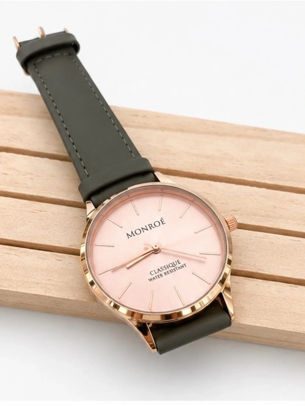 Women's Olive Leather Strap Watch with Rose Gold Case and Blush Dial